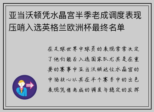 亚当沃顿凭水晶宫半季老成调度表现压哨入选英格兰欧洲杯最终名单