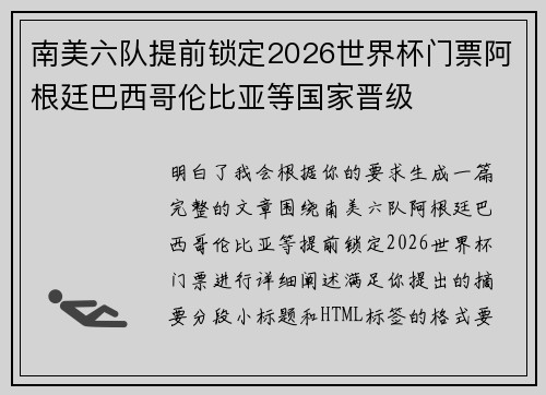 南美六队提前锁定2026世界杯门票阿根廷巴西哥伦比亚等国家晋级